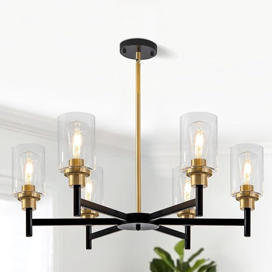 6 Light Dining Room Light Fixture Black & Brushed Brass Gold Farmhouse Chandelier Over Table Modern Hanging Pendant Lighting for Living Room Foyer Kitchen Adjustable Height E26 Socket