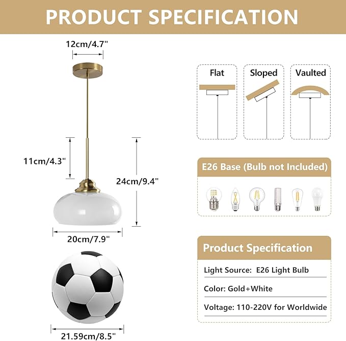 KCO Lighting White and Gold Pendant Light Milk Glass Hanging Light Fixtures Small Dome Pendant Light Brass Pendant Lighting