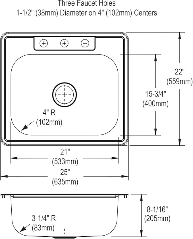 Dayton Stainless Steel 25" x 22" x 8-1/16", 3-Hole Single Bowl Drop-in Sink and Faucet Kit