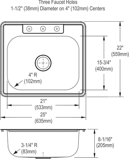 Dayton Stainless Steel 25" x 22" x 8-1/16", 3-Hole Single Bowl Drop-in Sink and Faucet Kit