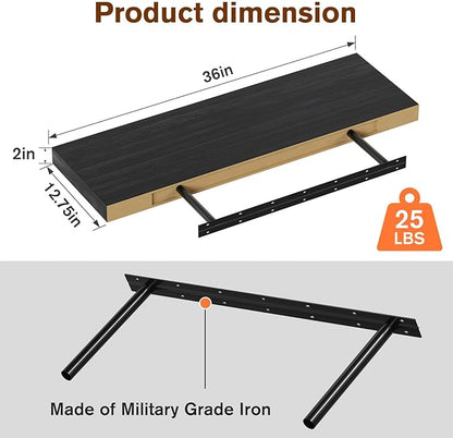 Floating Shelf, Set of 1 Wall Shelf, 36 in W x 12.75 in D x 2 in H Wooden Floating Wall Shelf with Invisible Brackets for Living Room/Bedroom/Bathroom/Kitchen Storage and Decor, Black Wood