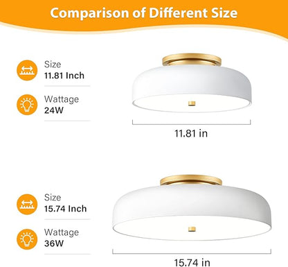 Dimmable LED Ceiling Light Fixture, 2700K-6000K 5CCT Modern Mid-Century Semi Flush Mount Ceiling Light, White Close to Ceiling Lamp for Kitchen, Laundry Room, Bedroom, Hallway, 11.8in