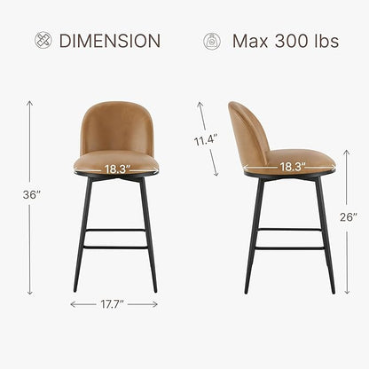 KISLOT Counter Height Swivel Bar Stools Set of 2, 26" Upholstered Faux Leather Barstools with Backs and Metal Legs for Kitchen Island,Brown