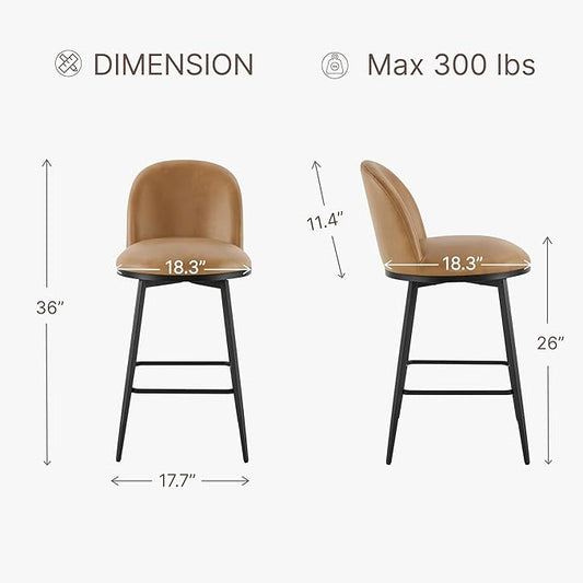 26" Counter Height Swivel Bar Stools Set of 2, Upholstered Faux Leather Barstools with Backs and Metal Legs for Kitchen Island,Brown