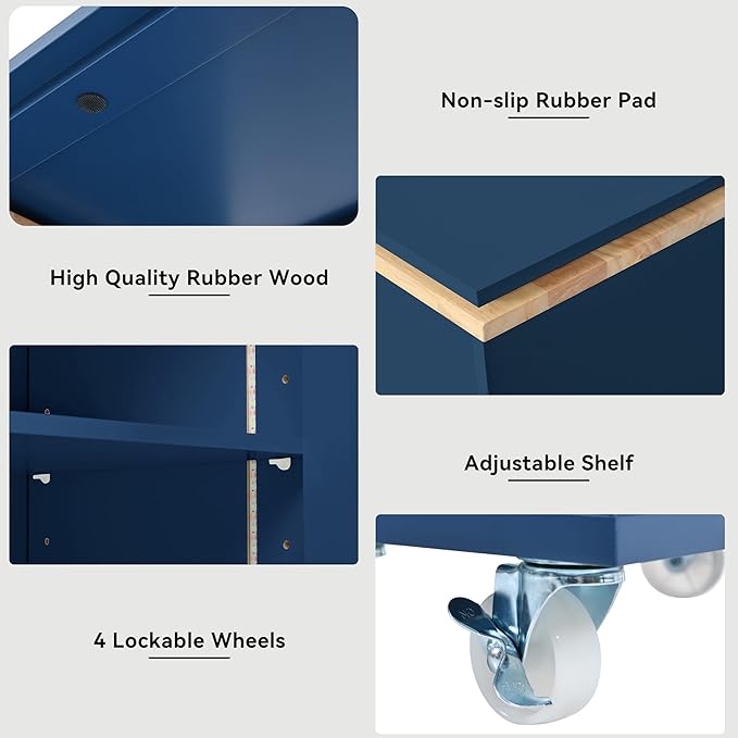 Kitchen Island Cart with Extended Table, Rolling Kitchen Island on Wheels with LED Lights&Power Outlets&Storage Compartment, Side Table with 2 Fluted Glass Doors and 3 Open Shelves,Navy Blue
