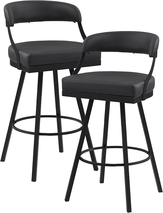 Lexicon Swivel Bar Stools Set of 2 - Bar Height Stools for Kitchen Island, Padded Seat, Open Back, Sturdy Black Metal Frame Finish and Faux Leather Cushion Seat, Sturdy Black