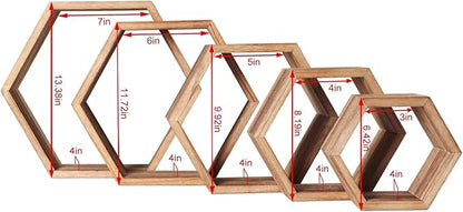 PHOENANCEE Hexagon Floating Shelves,Honeycomb Shelf Set of 5,Octagon Shelves Wall Mounted Hanging Storage Cube Wood for Bathroom Kitchen Bedroom Living Room Office Home