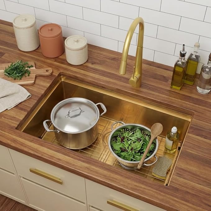 LQS Gold Kitchen Sink, 32 Inch Gold Undermount Kitchen Sink, 32” x 19" Stainless Steel 16 Gauge Kitchen Sinks with Pratical Accessories For Luxury Kitchens, Round Corner and X Drain Line