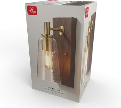 GLOBE Electric 65000051 1-Light Wall Sconce, Dark Wood Toned, Matte Brass Accents, Seeded Glass Shade, E26 Base Socket, Lights for Living Room, House Décor, Interior Lighting, Home Improvement
