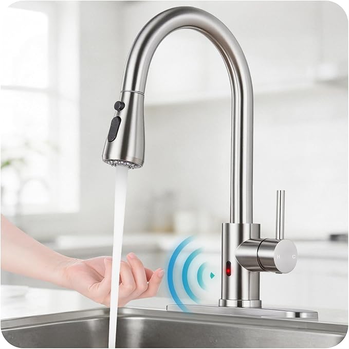 Touchless Kitchen Faucet with Pull Down Sprayer - Brushed Nickel Single Handle Kitchen Faucets, High Arc Stainless Steel Pull Out Kitchen Sink Faucet with Deck for RV Laundry Farmhouse Bar