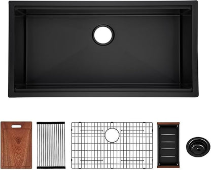 CELAENO 36 inch Black Stainless Steel Undermount Kitchen Sink, 36x19 Handmade 16 Gauge Single Bowl Workstation Sink, 10 Inch Deep Modern Kitchen Basin is equipped with various accessories