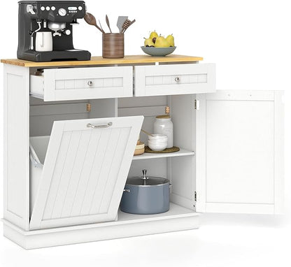 Giantex Tilt Out Trash Can Cabinet, Kitchen Island Table w/Solid Wood Top, 2 Drawers, Adjustable Shelf for Hidden Laundry Hamper, Pet Proof Garbage Can for Dining Living Room (White, 14.5 Gal)