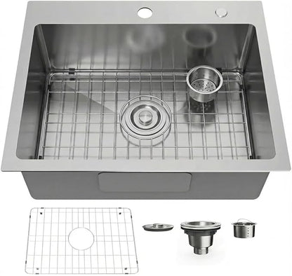 22" x 18" Drop in Kitchen Sink 304 Stainless Steel Single Bowl Topmount Kitchen Sink with Drain Kit and Bottom Grid, Brushed