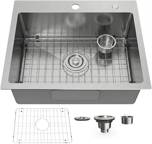 22" x 18" Drop in Kitchen Sink 304 Stainless Steel Single Bowl Topmount Kitchen Sink with Drain Kit and Bottom Grid, Brushed