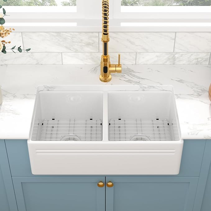 Sarlai 33 White Farmhouse Sink Double Bowl - 33x18 Inch Kitchen Sink Apron Front Double Bowl 50/50 White Porcelain Ceramic Fireclay Kitchen Farm Sinks