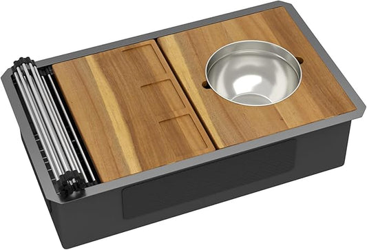 32x19 Black Undermount Kitchen Sink - Workstation 16 Gauge 304 Stainless Steel Single Bowl Under Counter Handmade Sinks with Mixing Bowl, Cutting Board, and Pasta Strainer #TLU-0043