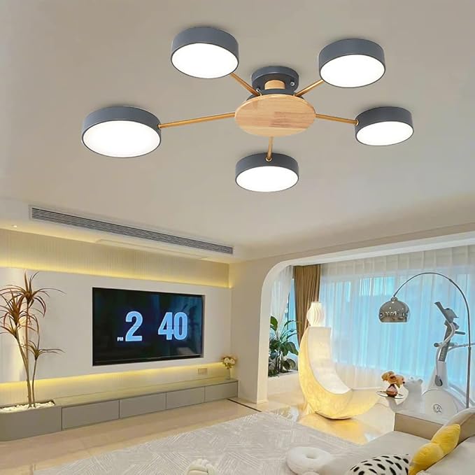 5-Lights LED Ceiling Light Fixture,32 Inch Modern Ceiling Lights Flush Mount Wooden 40W Dimmable Chandelier for Living Room Bedroom Kitchen,3000K/4000K/6000K Temperatures Selectable Grey