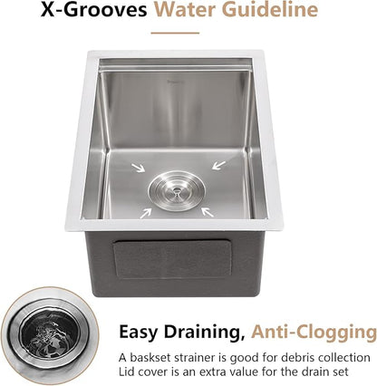 14 Undermount Bar Sink Workstation - Dcolora 14 Inch Stainless Steel Bar Prep Sink with Ledge Round Corner X Grooves Wood Cutting Board 16 Gauge Single Bowl RV Camper Kitchen Sink Basin