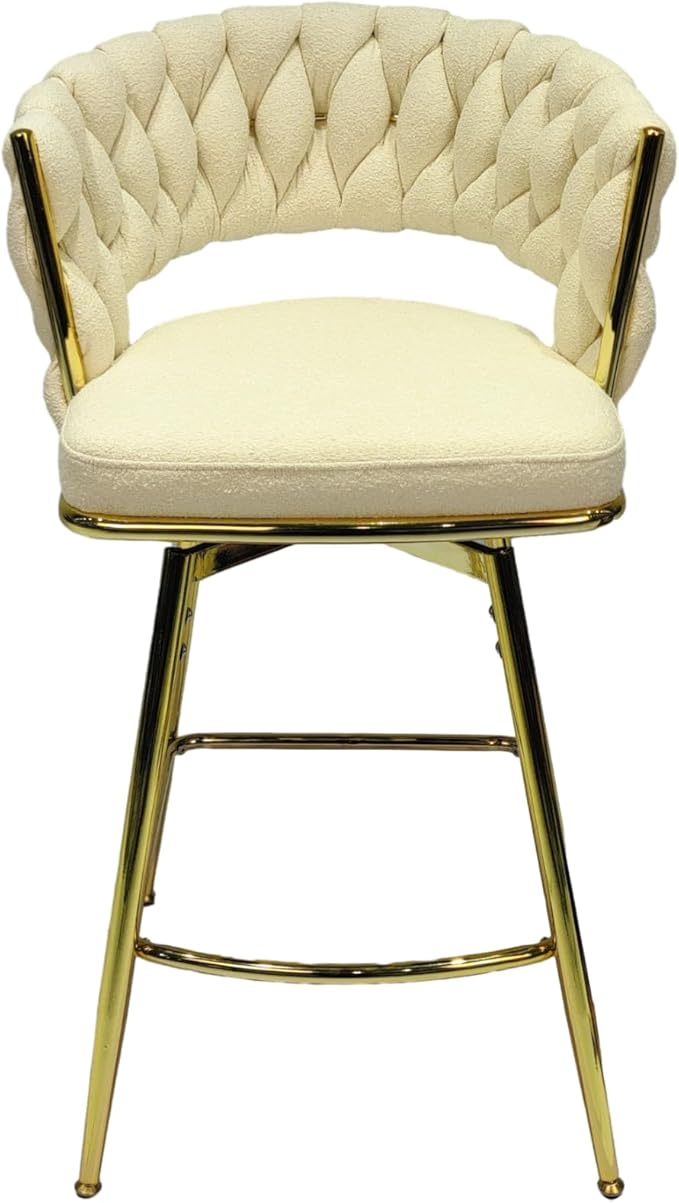 26" Bar Chair Toweling Woven Bar Stool Set of 2,Golden Legs Bar stools No Adjustable Kitchen Island Chairs,360 Swivel Bar Stools Upholstered Counter Stool Arm Chairs with Back Footrest (White)