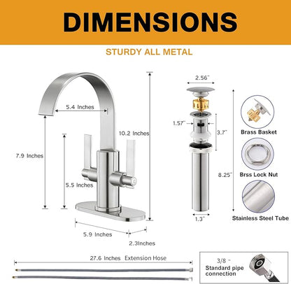 Brushed Nickel Bathroom Faucets，Bathroom Sink Faucet 3 Hole or 1 Hole,2 Handle Waterfall Faucet with Deck Plate，high-arc 360° Swivel spout for Vanity Sink with Metal Pop-Up Drain & Supply Lines