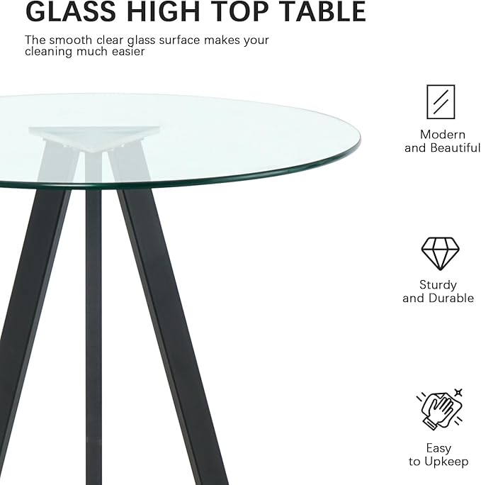 Clear Glass High Bar Table & 2 Adjustable Velvet Barstools Island Chairs, Round Farmhouse Bistro Pub Table Set of 3, Swivel Counter Height Chairs (Black Metal Legs, Clear Top + Grey Chair)