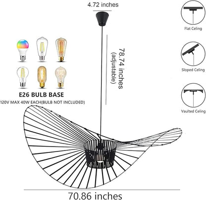 Modern Black Woven Chandelier, 70.86 inch Farmhouse Coastal Hat Pendant Light Fixtures Matte Black Handwoven Shade Boho Pendant Hanging Lamp for Kitchen Dining Room Bedroom Foyer Hallway