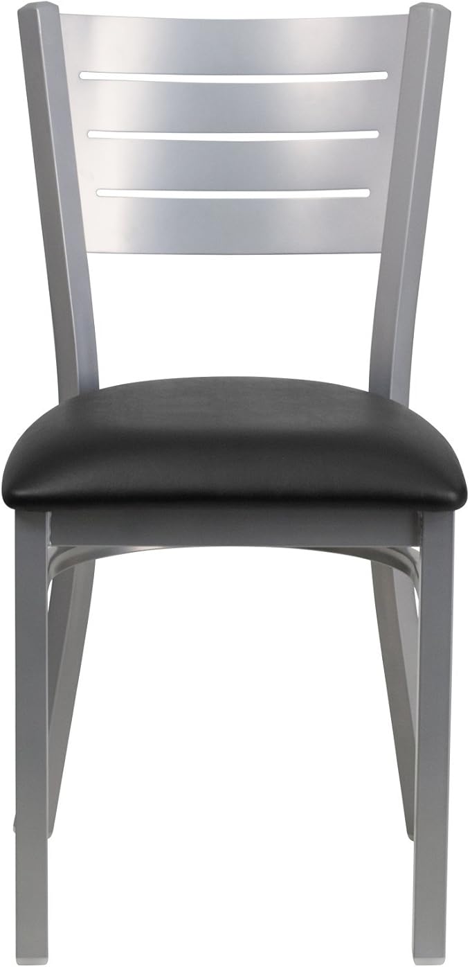 Flash Furniture HERCULES Series Silver Slat Back Metal Restaurant Chair - Black Vinyl Seat