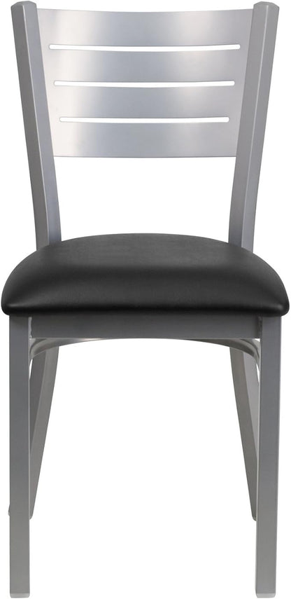 Flash Furniture HERCULES Series Silver Slat Back Metal Restaurant Chair - Black Vinyl Seat
