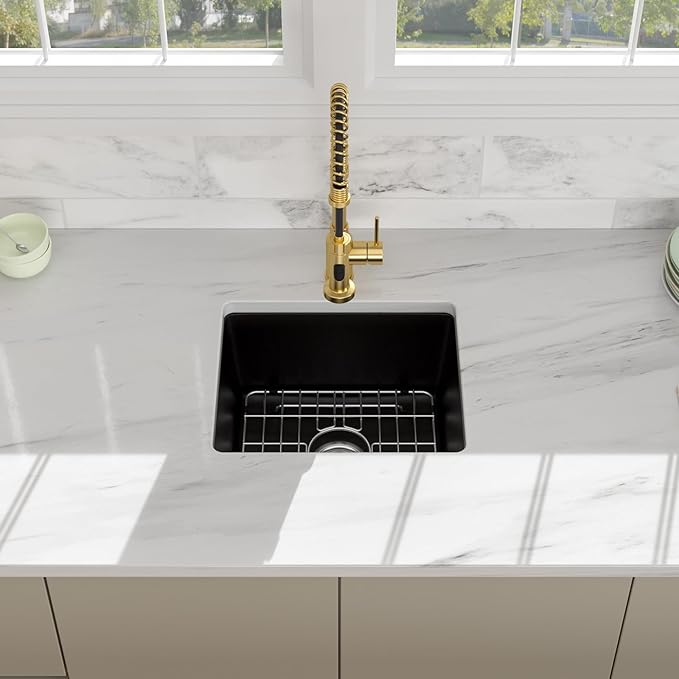 18 Black Granite Composite Bar Sink - 18x16 Undermount Granite Quartz Kitchen Sink Matte Black 9 Inch Depth Small Signle Bowl RV Sinks Under Counter