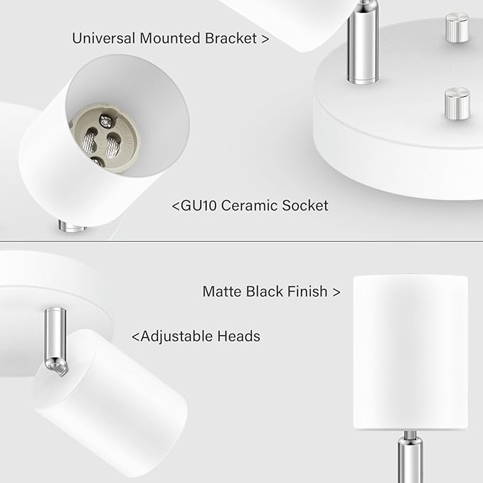 BoostArea LED 2 Light Track Lighting Kit, LED Track Lighting Fixtures, White Round Ceiling Spot Lighting, Flexibly Rotatable Light Head for Kitchen, Living Room, Bedroom, GU10 Bulb Not Included