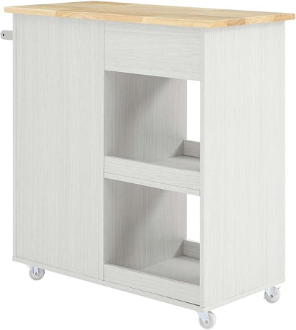 Modway Culinary Rolling Kitchen Cart with Storage in White Natural - 3 Tiers Kitchen Island on Wheels with Towel Bar, Functional as a Coffee Station, Bar Cabinet or Butcher Block Island