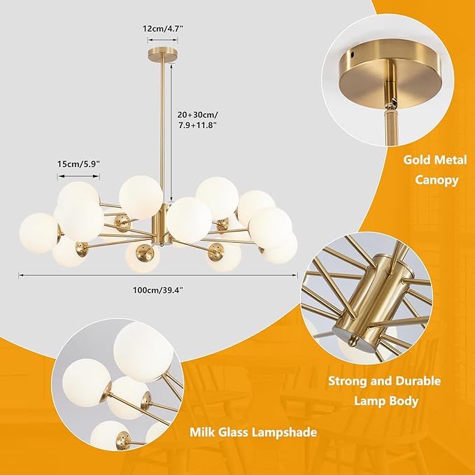 BOKT Gold Sputnik Chandelier 16-Light Globe Pendant Light Modern Ceiling Light Fixture Brushed Brass Chandelier Milk Glass Ball Large Pendant Lighting for Dining Room Kitchen Island Living Room