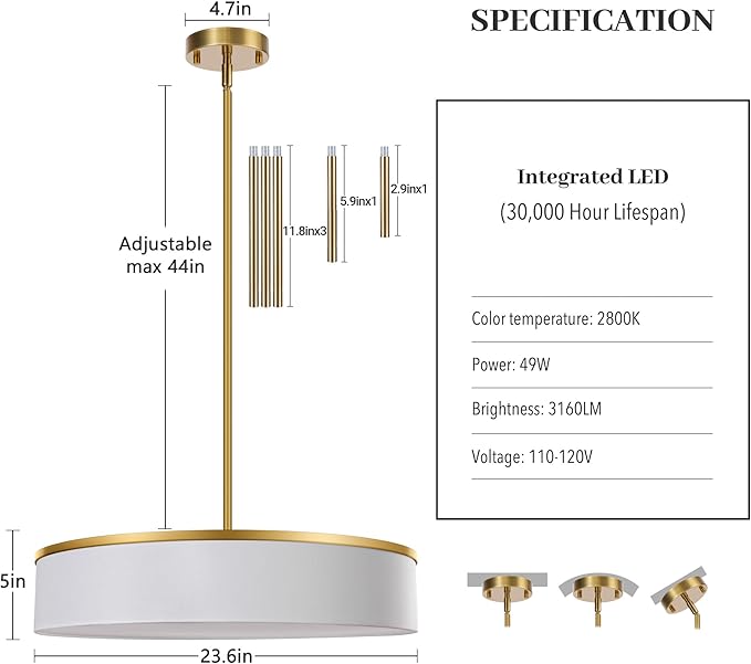 23.6 Inch Integrated LED Drum Chandeliers, 2800K Modern Fabric Pendant Light Fixture, White Linen and Gold Finish, Large Semi Flush Mount Lighting for Dining Room Bedroom Kitchen Entryway