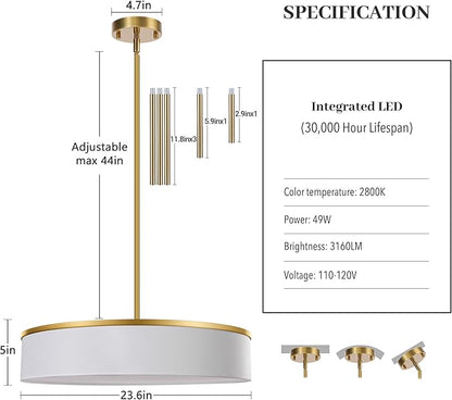 23.6 Inch Integrated LED Drum Chandeliers, 2800K Modern Fabric Pendant Light Fixture, White Linen and Gold Finish, Large Semi Flush Mount Lighting for Dining Room Bedroom Kitchen Entryway