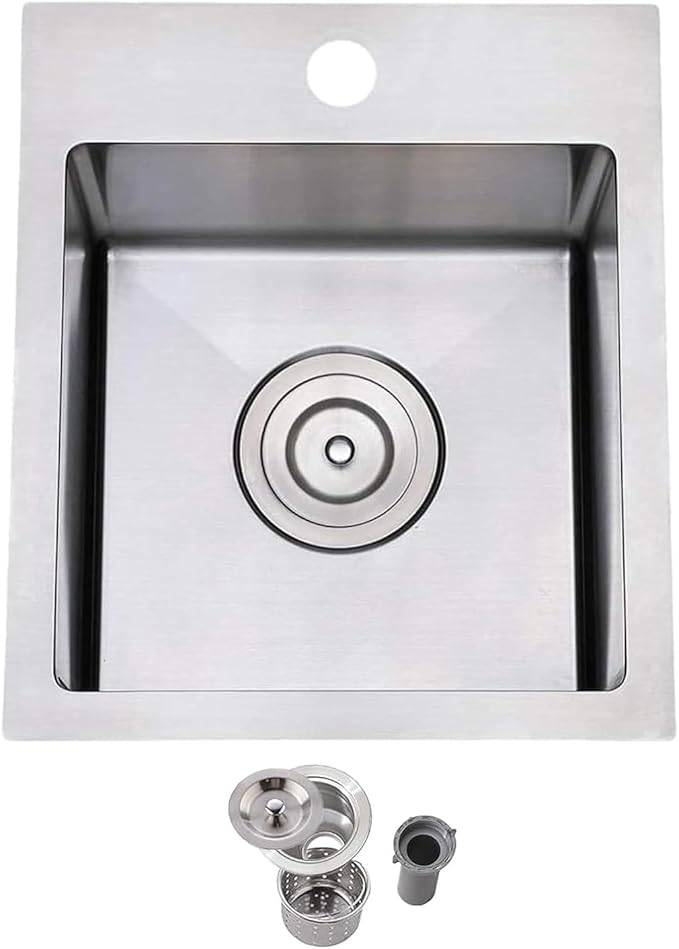 Friho 15 x 17 inch Bar Sink, 15 inch Drop in Wet Bar Sink 16 Gauge Stainless Steel 9 Inch Deep Top Mount Single Bowl Outdoor Rv Sink With Drain
