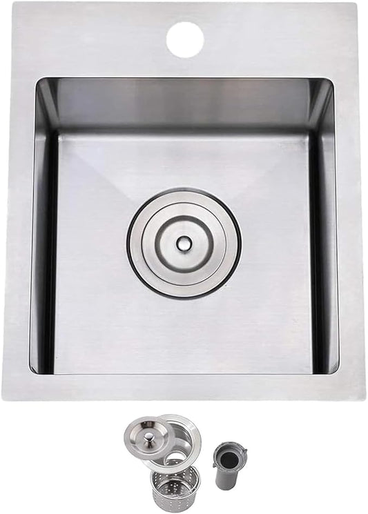 Friho 15 x 17 inch Bar Sink, 15 inch Drop in Wet Bar Sink 16 Gauge Stainless Steel 9 Inch Deep Top Mount Single Bowl Outdoor Rv Sink With Drain