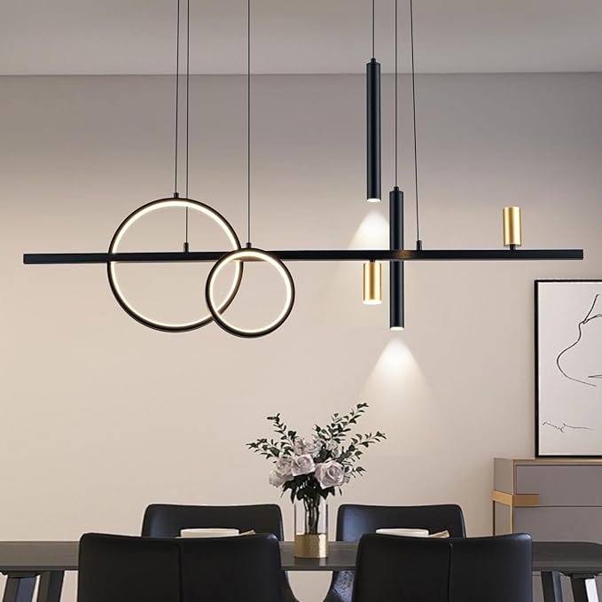 Modern Black LED Dining Room Light Fixture with Remote Control, 47" 36W 3-Color Temp Stepless Dimmable Island Pendant Lights, Hanging Adjustable Linear Chandelier for Kitchen Bar
