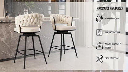 26" Bar Chair Linen Woven Bar Stool Set of 2,Black Legs Bar stools No Adjustable Kitchen Island Chairs,360 Swivel Bar Stools Upholstered Bar Chair Counter Stool Arm Chairs with Back Footrest (White)