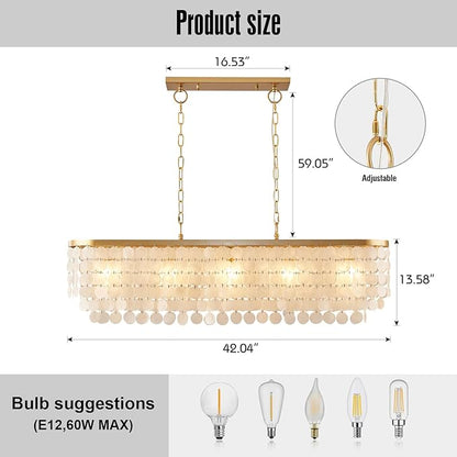 5 Light Capiz Shell Chandelier Rectangular Coastal Chandeliers for Dining Room,Gold Light Fixtures Over Table Kitchen Island Lighting Fixtures Ceiling Hanging Mount(42" Large Pendant Lights)