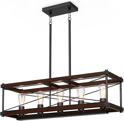 Farmhouse Kitchen Island Lighting, 5-Light Solid Wood 31.5” Dining Room Pendant Light Fixtures, Rustic Chandelier with Adjustable Height for Dining Room Kitchen Bar Pool Table, Walnut Color