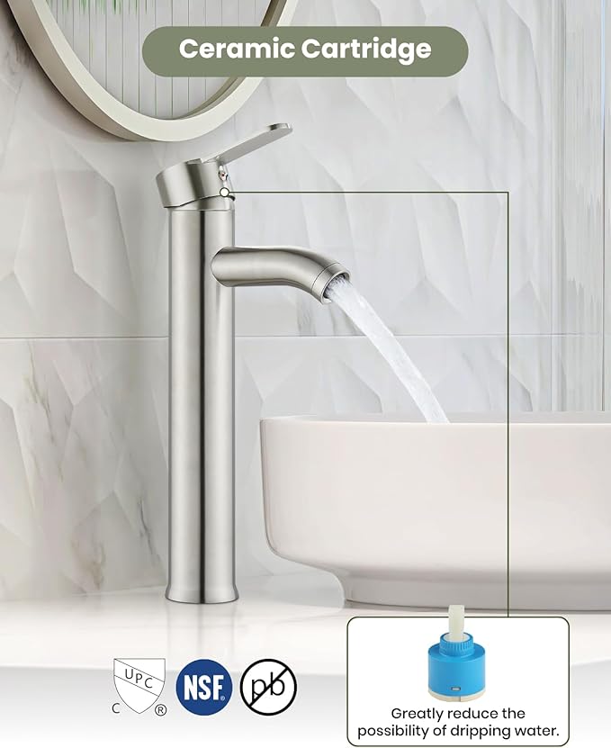 gotonovo Vessel Sink Faucet Modern Tall Bathroom Faucet Single Handle One Hole Stainless Steel Vanity Lavatory Rv Bowl Basin Mixer Tap with Supply Lines and Metal Pop Up Drain, Brushed Nickel