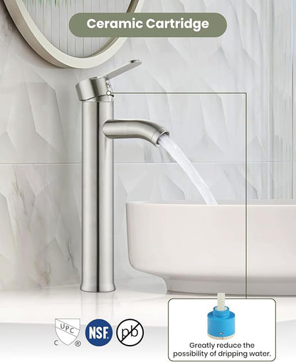 gotonovo Vessel Sink Faucet Modern Tall Bathroom Faucet Single Handle One Hole Stainless Steel Vanity Lavatory Rv Bowl Basin Mixer Tap with Supply Lines and Metal Pop Up Drain, Brushed Nickel