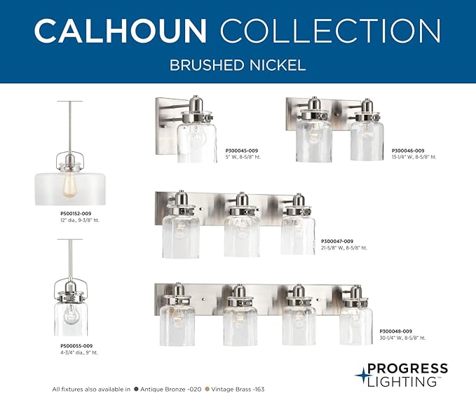 Progress Lighting P300047-009 Calhoun Collection Clear Glass Farmhouse Bath Vanity Light, 3-Light, Brushed Nickel