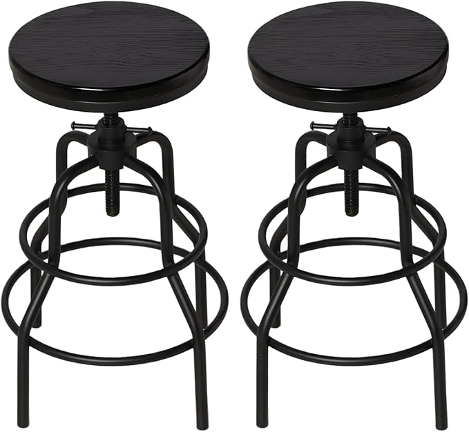 LOKKHAN Vintage Industrial Bar Stool-Rustic Swivel Bar Stool-Round Walnut Wood Metal Stool-Counter/Bar Height Adjustable Pipe Stool-Cast Steel Stool 23.62"-29.52" (Set of 2)