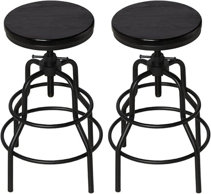 LOKKHAN Vintage Industrial Bar Stool-Rustic Swivel Bar Stool-Round Walnut Wood Metal Stool-Counter/Bar Height Adjustable Pipe Stool-Cast Steel Stool 23.62"-29.52" (Set of 2)
