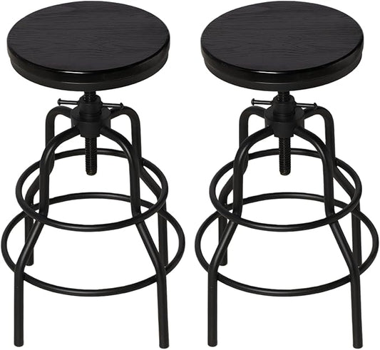 LOKKHAN Vintage Industrial Bar Stool-Rustic Swivel Bar Stool-Round Walnut Wood Metal Stool-Counter/Bar Height Adjustable Pipe Stool-Cast Steel Stool 23.62"-29.52" (Set of 2)