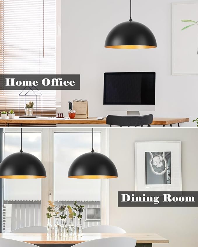Large Pendant Lights Kitchen Island 3 Packs, 16 inch Black and Gold Dome Pendant Light, Industrial Farmhouse Pendant Lights Fixtures Metal for Kitchen Island, Dining Room, Cafe, Bar
