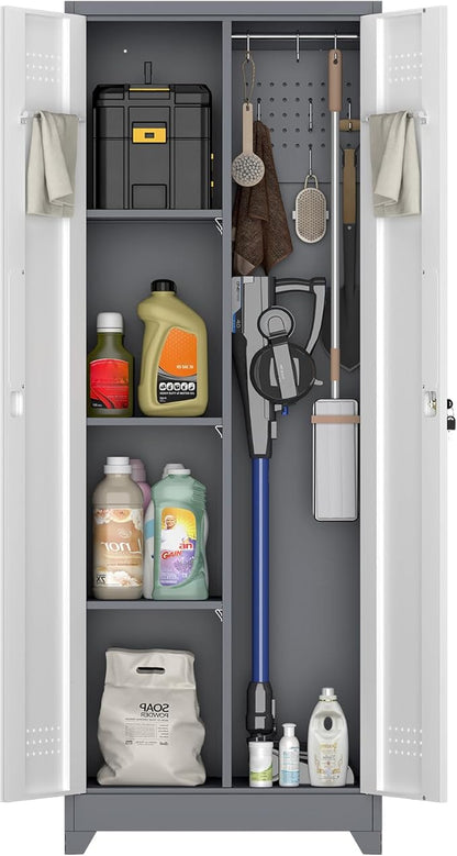 IRONFFICE Locking Cabinet,Metal Garage Storage Cabinets with 2 Doors,Garage Tool Storage Cabinets with 3 Adjustable Shelves,Lockable Storage Cabinet for Basement,Home Office,Grey-White