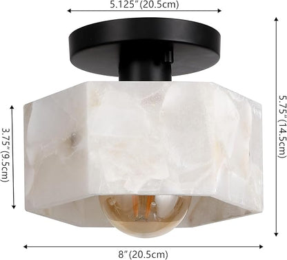 JONATHAN Y 8" White Marbling/Black Modern 1-Light Hexagonal LED Semi Flush Mount Ceiling Light, White Alabaster Marble Shade, Glam Lamp for Hallway, Bedroom, Bathroom, LED Bulb Included (JYL1204B)