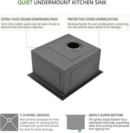 15 Black Inch Undermount Bar Sink, Swift Horse 15x17 Inch 16Gauge Black Stainless Steel Undermount Single Bowl Kitchen Bar Sinks With Cutting Board